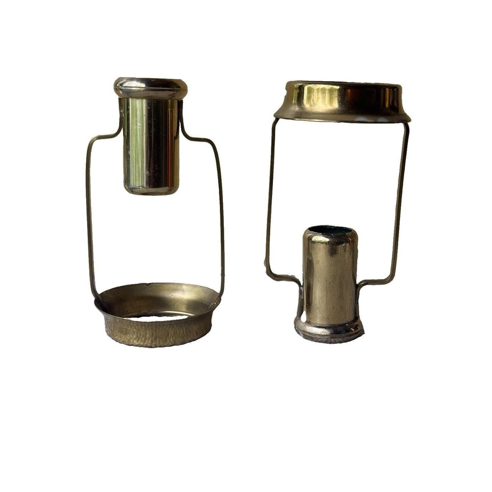 Pair VTG Brass Hurricane Candlestick Holders Wire Frame Glass Shade Fitter